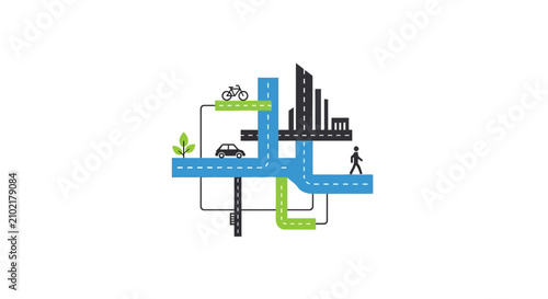 Smart city road junction with transportation icons.
