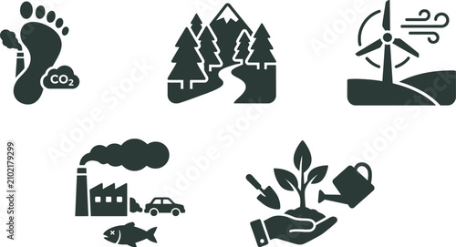 Konstfotografi Environmental sustainability and climate action icon set with eco conscious sust