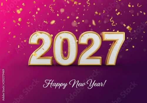 Golden 2027 new year celebration with confetti and calligraphy on a vibrant purple background