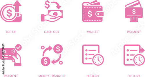 Pink digital payment and money transaction icon collection with transaction transfer business commerce exchange investment corporate spending management marketing analysis statistics
