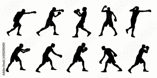 Bild auf Leinwand Black silhouette of nine boxing fighters in dynamic poses boxers boxing poses