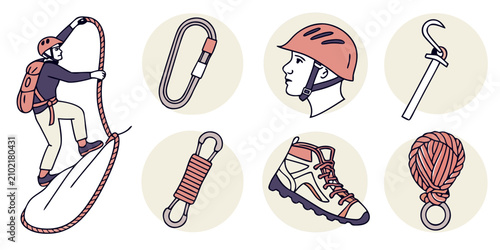 Bild auf Leinwand Climbing gear helmet, rope, carabiner, ice axe, boots, harness, pick, and crampo