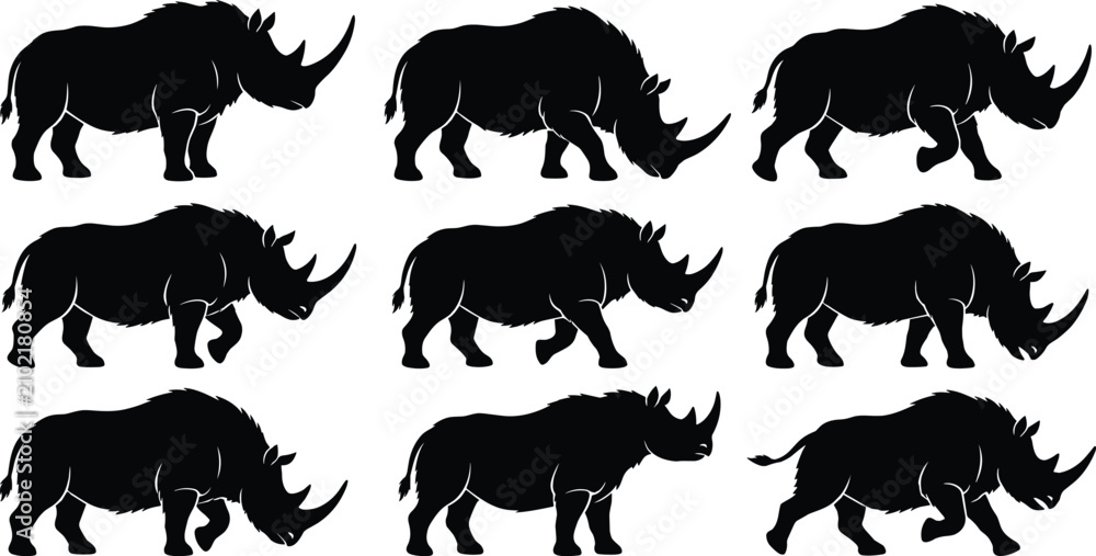 Obraz premium Black rhinoceros vector silhouette collection featuring woolly rhino and modern rhinoceros icons isolated on white background