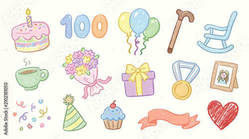 Foto Collection of hand-drawn icons representing a 100th birthday celebration, including cake, balloons, and gifts