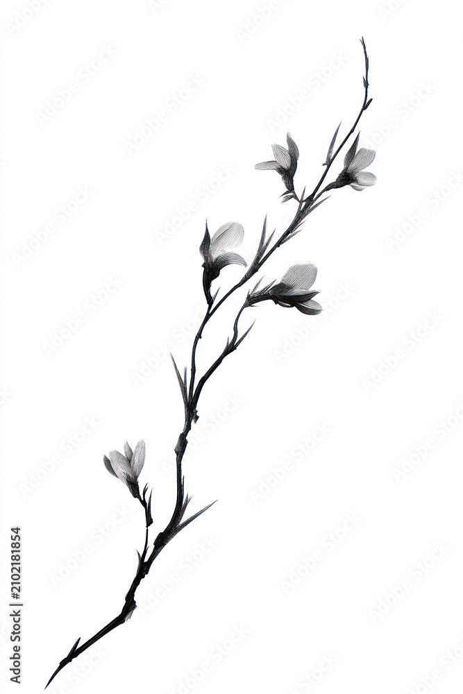 Obraz premium Delicate black-and-white floral branch isolated on a clean white background.