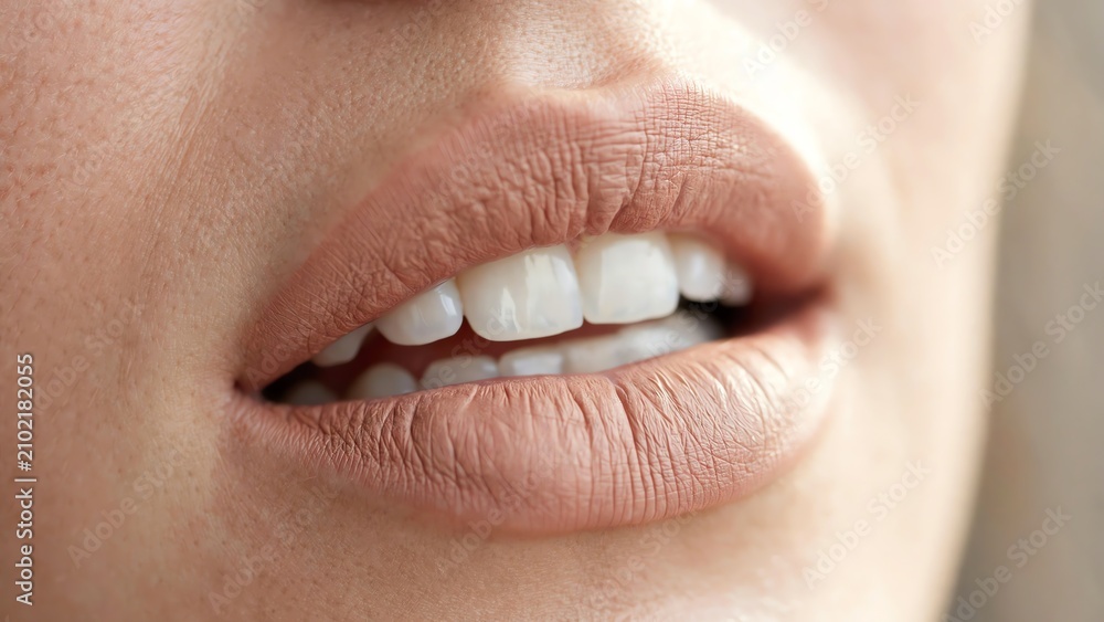 Obraz premium Close-up of woman's lips with natural makeup and healthy teeth