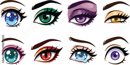 Obraz na płótnie Anime eyes vector set with colorful cartoon expressions featuring glittering spa