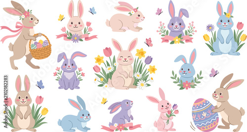 Cuadro en lienzo Cute Easter bunny vector bundle featuring cheerful cartoon rabbits with colorful