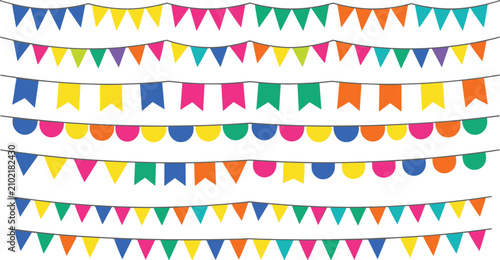 Foto Colorful party bunting banner set with multicolored hanging flat flags garlands in triangle square and semicircle shapes for birthday celebration vector illustration isolated on white background