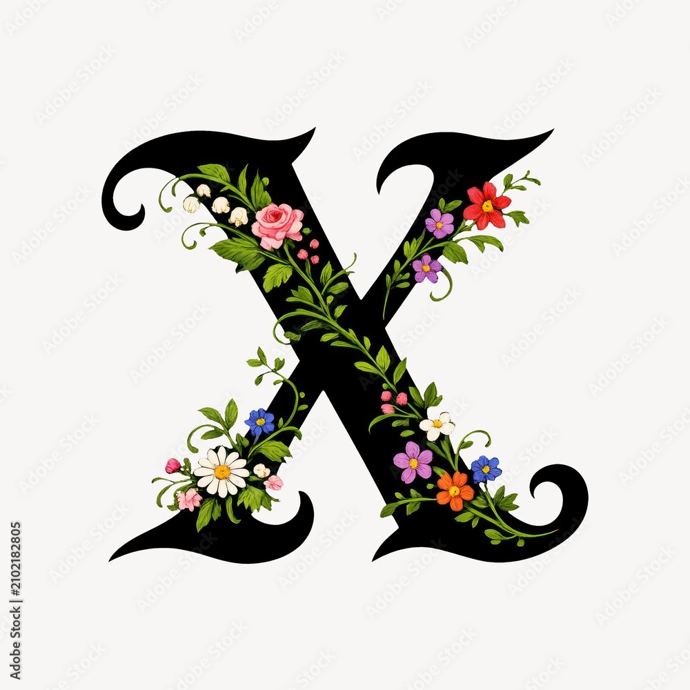 Obraz premium Elegant letter 'X' adorned with colorful floral designs on a white background.