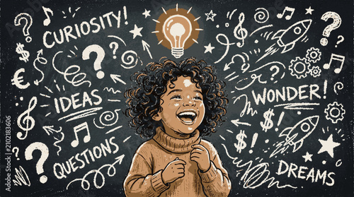 A joyful young child with curly hair expressing wonder and creativity against a chalkboard background filled with doodle art with education