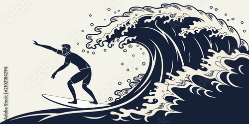 Photography Black silhouette surfer riding a large ocean wave surfing dynamic pose