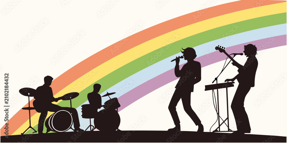 Obraz premium Black silhouette band performing on stage with rainbow backdrop, performance musicians