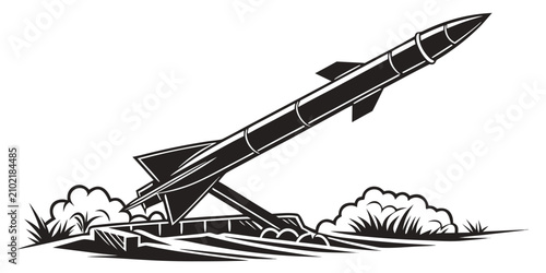 Canvastavla Black silhouette of military rocket missile launch with explosions