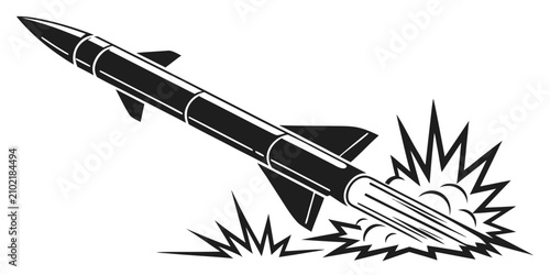 Foto Black silhouette of military rocket missile launching and exploding explosion