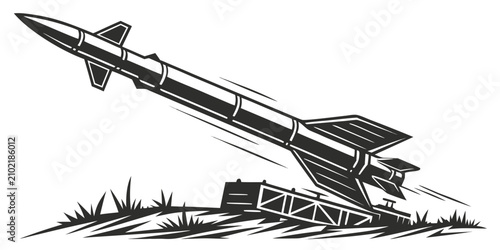 Fotografía Black silhouette of military rocket launch intercepting enemy missile defense in