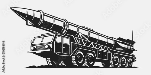 Tableau sur toile Black silhouette of military rocket launch vehicle on launchpad transporter erec