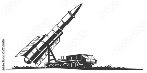 Tablou pe pânză Black silhouette of military rocket launch with transporter erector launcher mis