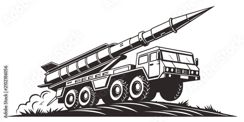 фотографія Black silhouette of tracked military rocket launcher on railway tracks military