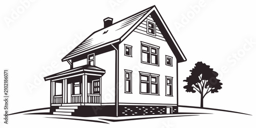 Foto Black silhouette two-story house with tree, minimalist residential building fron