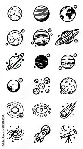 Obraz na plátně Cosmic Icons: Planets, Rocket, Telescope, Galaxy, Comet - Vector Set