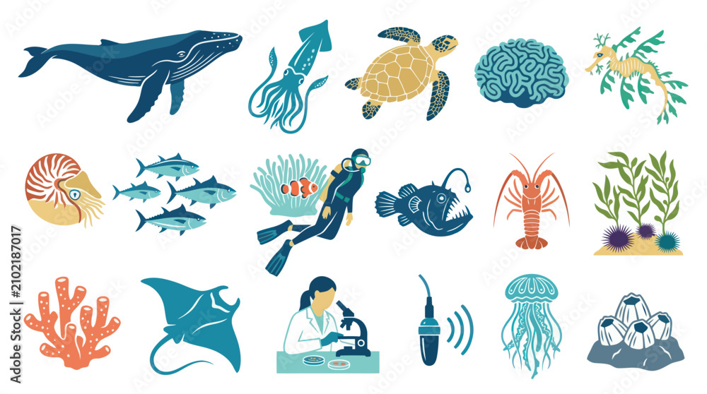 Obraz premium Ocean Life and Marine Biology Flat Icons Set with Sea Creatures, Underwater Exploration, and Research Elements