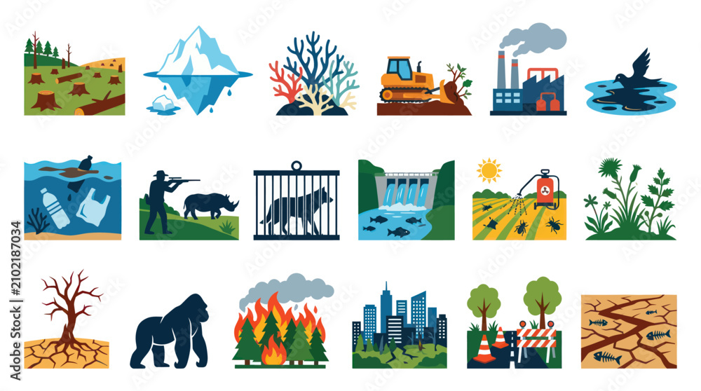 Fototapeta premium Environmental Issues and Ecological Problems Flat Vector Icons. Climate Change, Nature Conservation Pollution Threats.