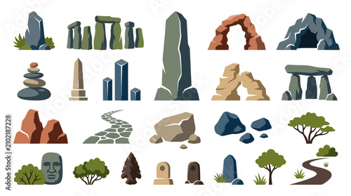 Ancient Stones and Rocks Vector Icons - Primitive, Natural and Mystical Elements
