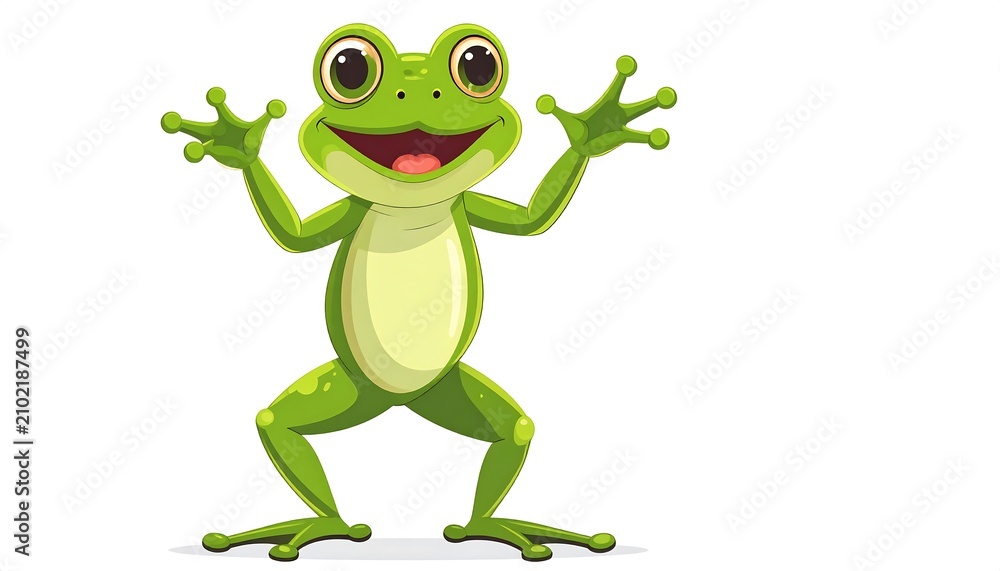 Fototapeta premium Green cartoon frog character with big eyes and smile.