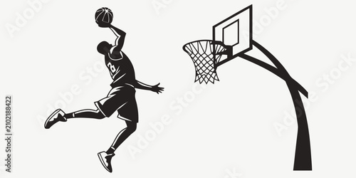 Fotografie Black silhouette of a basketball player dunking with a hoop and ball basketball