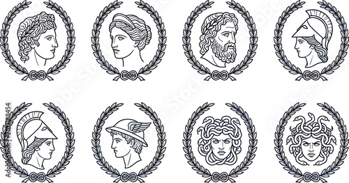 Ancient Greek Roman mythology god goddess statue head vector set featuring black line art laurel wreath frame border designs.