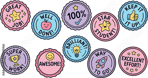 Big bundle of cute cartoon school reward stickers featuring motivational phrases encouragement badges and positive feedback icons for students