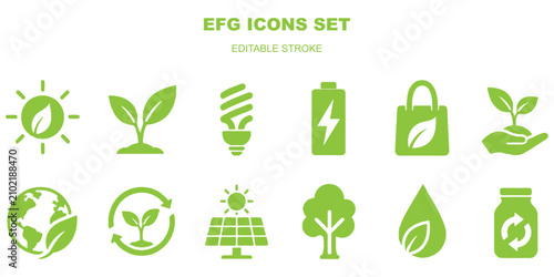 Tableau sur toile Eco gardening and plant growth outline icon set featuring leaves sustainability