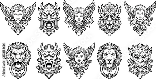 Big collection of black baroque architectural ornaments featuring ornate cherub angels gothic gargoyles and lion door knocker silhouettes