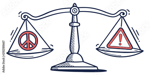 Tableau sur toile Balance scale with peace symbol and warning justice scale warning sign exclamati