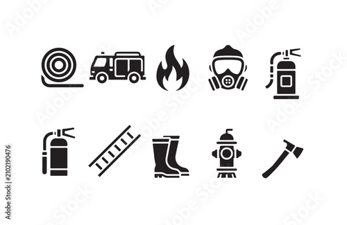 Fire fighting emergency service equipment icons set hose truck flame mask extinguisher.