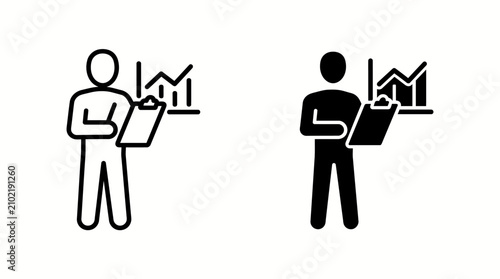 Set of business icons showing a person holding a clipboard with a chart.