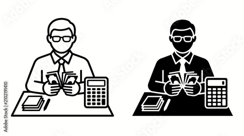 Black and white accountant icons showing a man counting money at a desk.