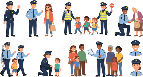Police officers helping community vector character set showing law enforcement protecting children citizens and elderly for safety education marketing design