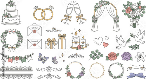 Bild auf Leinwand Elegant wedding celebration vector elements set featuring tiered cake rings flo