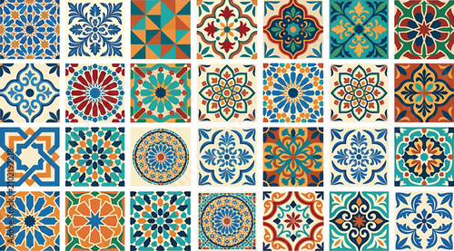 Big collection of colorful Mediterranean ceramic tile patterns featuring traditional Spanish azulejos Portuguese talavera and Moroccan geometric mosaic ornaments