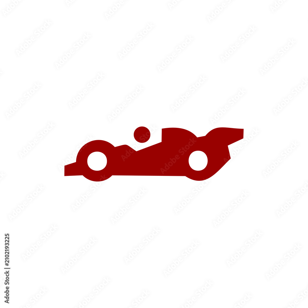 Obraz premium A minimalist, flat-style vector icon of a Formula 1 racing car in profile, rendered in a solid dark red color against a clean white background.