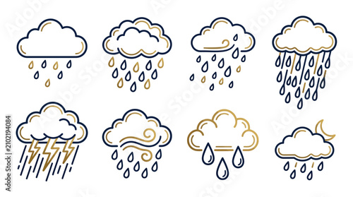 Cuadro en lienzo Collection of stylized weather icons featuring clouds with rain, lightning, and wind elements