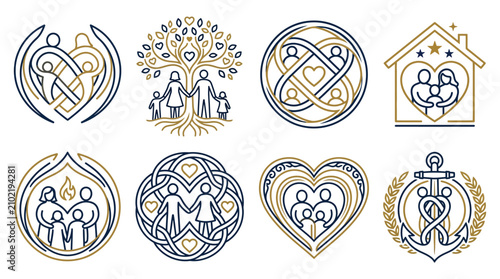 Canvastavla Collection of stylized family emblems and icons representing love, unity, and connection, with a modern line art aesthetic