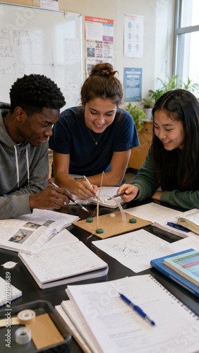 Three diverse students collaborate on a science model in a classroom. They are engaged and smiling while discussing their project. Ideal for education and teamwork themes.