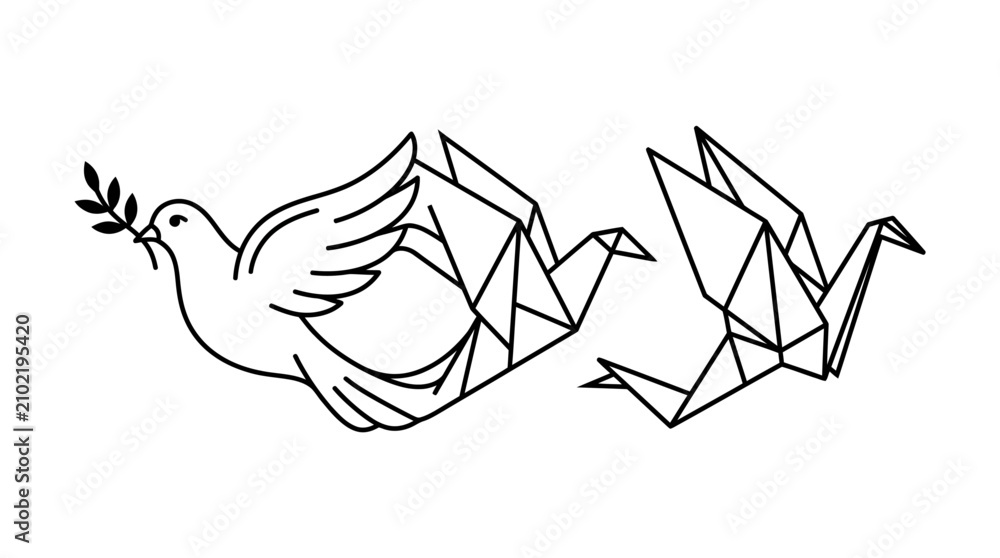 Obraz premium Line art illustration featuring a stylized dove and an origami crane flying together.