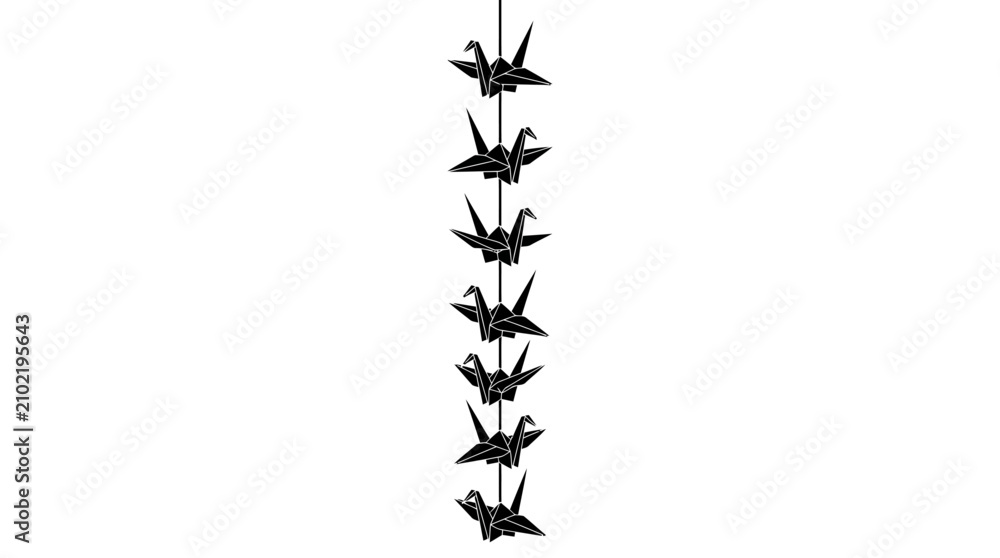 Fototapeta premium A vertical string of seven black origami paper cranes hanging against a plain white background.