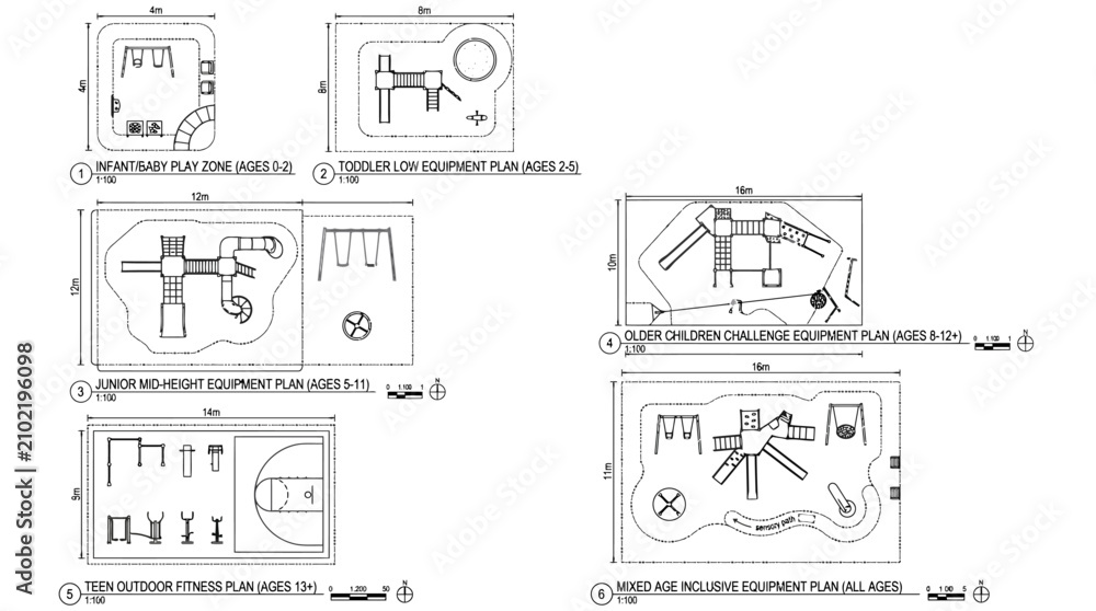Obraz premium Architectural technical floor plans for outdoor playground equipment layout.