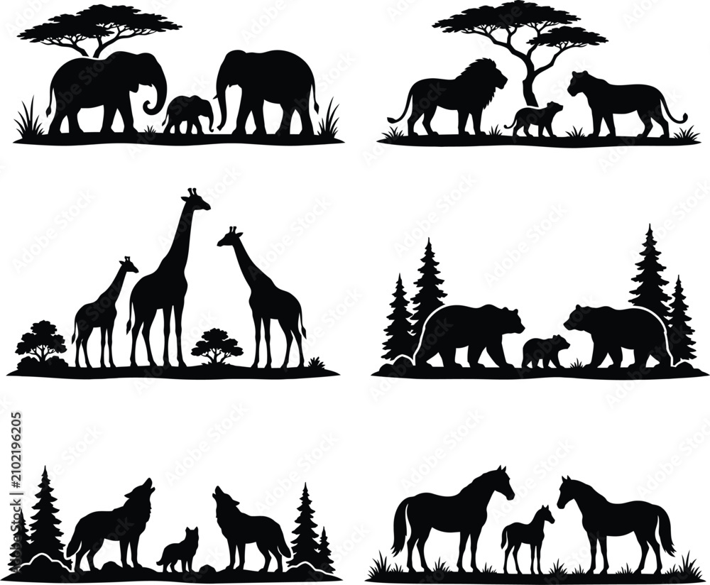 Fototapeta Set of 6 animal family silhouettes - elephant mother father baby with acacia tree, lion family pride, giraffe parents with calf