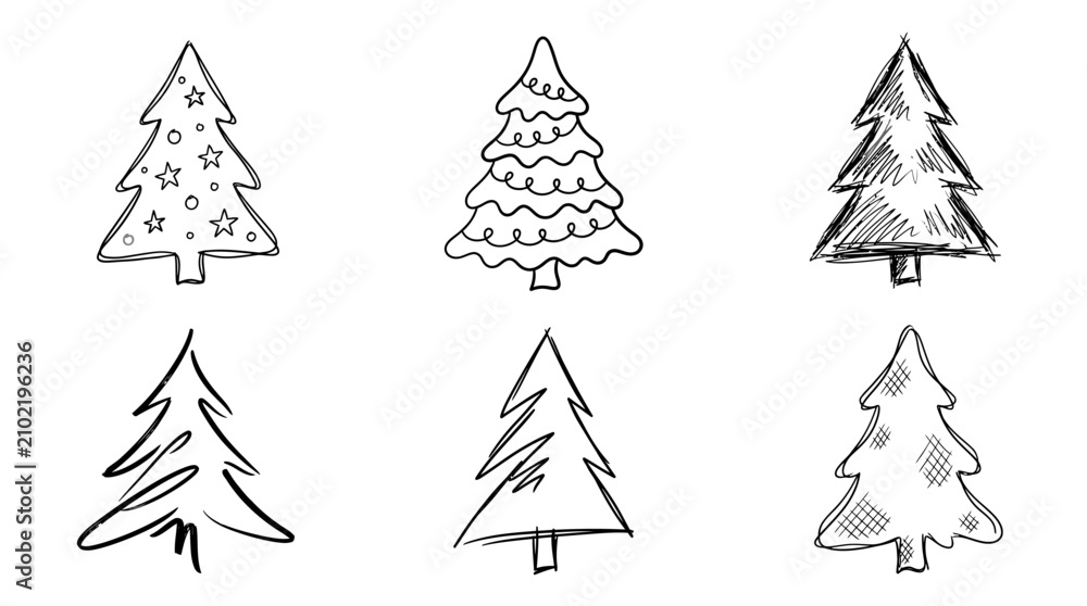Obraz premium Collection of Hand Drawn Christmas Tree Sketches.